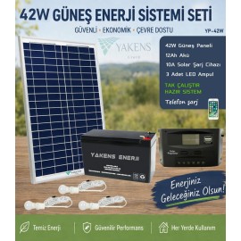 42W Güneş Enerji Sistemi Seti – Telefon Şarjlı Taşınabilir Solar Aydınlatma Paketi | 7Ah Akü + 10A Şarj Kontrol Cihazı + 2 LED Ampul